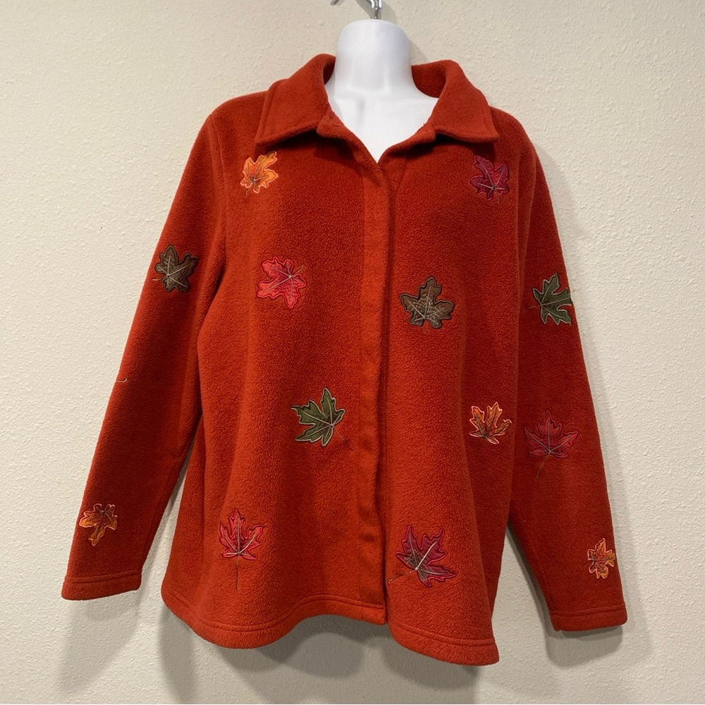 CJ Banks Vintage Dark Orange fleece jacket size X 14W green red gold leaves